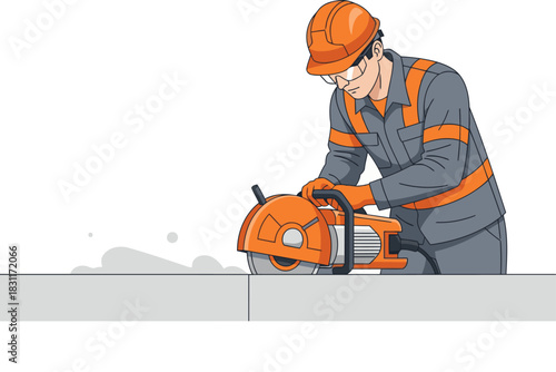 Construction worker cuts concrete joints with a diamond blade. Focused on precision and safety. Industrial setting, clear composition.