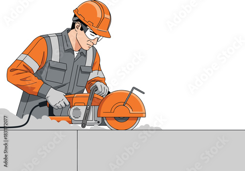 Construction worker cuts expansion joints with a circular saw. Focused action shot, showcasing safety gear and concrete work. Clear, bright composition.