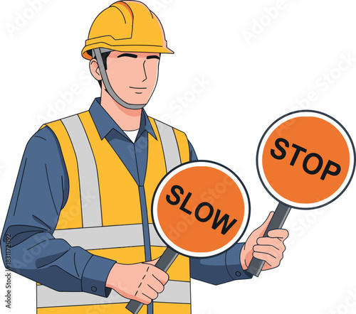 A construction worker directs traffic flow with stop and slow signs. Clear, bright illustration showcasing safety and control. Professional, modern style.