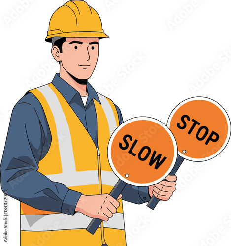 Construction worker directs traffic flow with stop and slow signs. Professional, clear image for safety and construction themes.