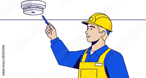 A construction worker inspects a smoke alarm with a pointer. Clean, graphic illustration style. Focus on safety and inspection. Bright colors, modern design.