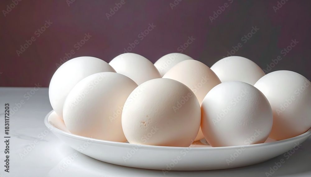 Fototapeta premium White eggs arranged neatly in a white dish, sitting on a white surface with a muted, dark gradient background