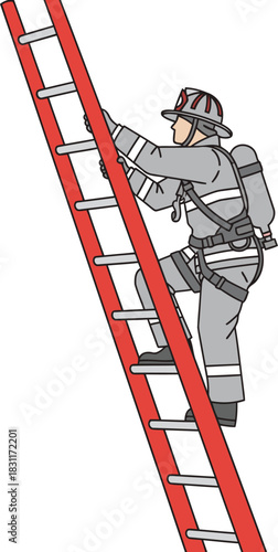 Firefighter ascends a red ladder, demonstrating safety procedures. Clear, focused image for training or awareness campaigns. Professional, dynamic composition.