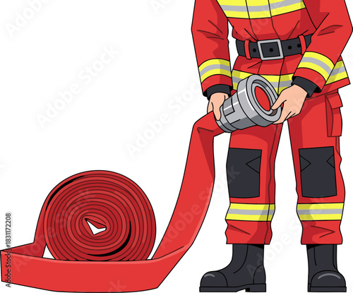 A firefighter demonstrates hose management skills, holding a rolled fire hose. Bold colors and clear composition for commercial use.
