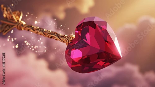 Sparkling gem heart pierced by cupid arrow romantic love concept
