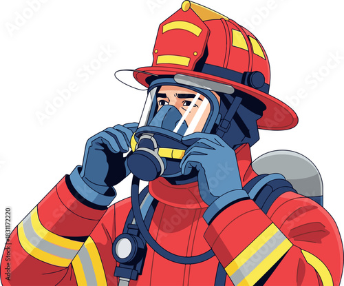 A firefighter dons a breathing apparatus, focused and ready. Bold colors and detailed illustration create a striking visual. Suitable for safety, emergency, and professional themes.