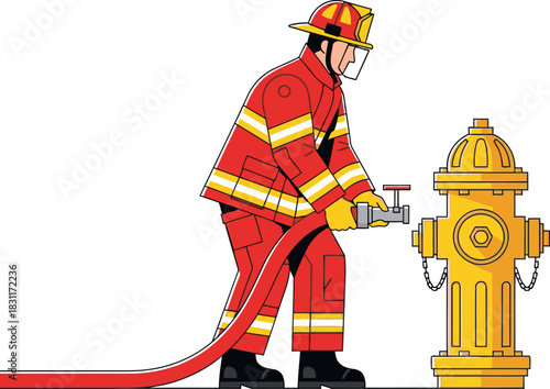 A firefighter connects a hose to a fire hydrant, securing a vital water source. Bold colors and clear composition for impactful visuals.