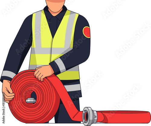 Firefighter demonstrates hose management skill, neatly rolling a red fire hose. Professional, safety-focused, clear composition. Ideal for training and emergency services visuals.