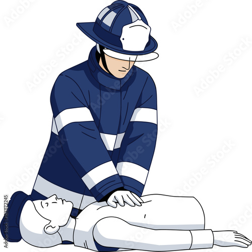 A firefighter performs CPR on a mannequin, promoting awareness. Bold graphic design with a clear call to action. Suitable for health, safety, and emergency training materials.