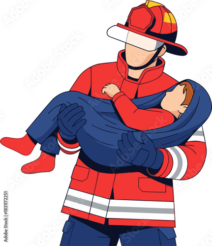 A firefighter performs a victim rescue carry, demonstrating a crucial rescue operation. Clear, professional illustration with vibrant colors and a focused composition.