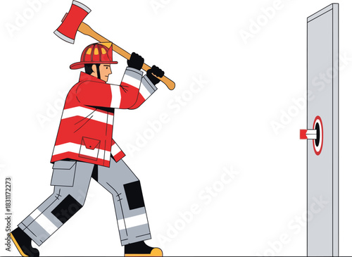 A firefighter uses a forcible entry tool to breach a door. Dynamic action shot, clear composition, professional imagery. Suitable for safety, emergency, and law enforcement themes.