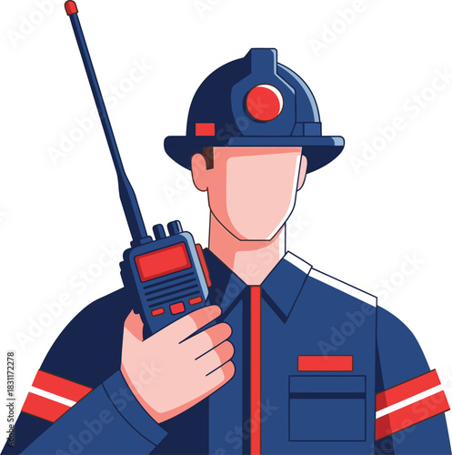 A firefighter uses a radio, clear communication. Professional, detailed illustration. Modern design, vibrant colors. Suitable for safety, emergency, and public service themes.