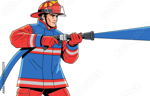 A firefighter uses a hose to extinguish a blaze, demonstrating strength and action. Bold colors and dynamic composition create a visually impactful image suitable for commercial use.