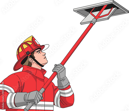 A firefighter uses a vertical ventilation act tool, demonstrating a crucial rescue technique. Clear composition, vibrant colors, and professional setting.