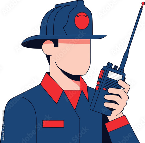 A firefighter uses a radio, communicating clearly. Bold colors and a professional setting highlight reliable communication. Suitable for commercial use.