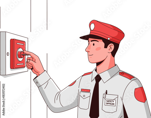 A safety officer activates an alarm system. Clear, bright illustration with a focused subject and simple design. Ideal for safety training and awareness campaigns.