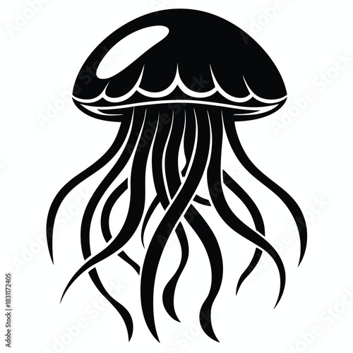 A single solid black jellyfish is shown with long wavy tentacles isolated