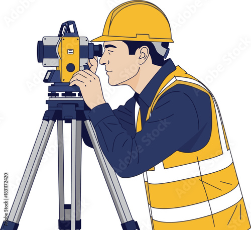 A surveyor uses a level to check site levels outdoors. Focused, professional, and clear composition. Ideal for construction, engineering, and land development visuals.