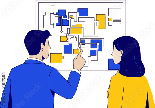 Two professionals analyze a route map, highlighting connections. A modern, collaborative workspace. Clear visual communication and strategic planning.