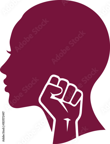 Silhouette of a Woman's Head Merged with a Rising Fist, Creating an Empowering Icon