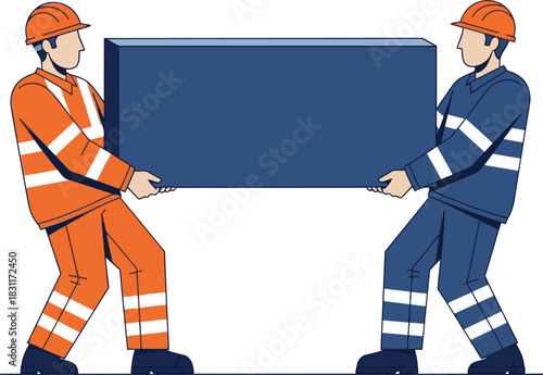 Two construction workers safely lift a large block using proper lifting techniques ? ?Lift with Legs?.  Clear, bright illustration with safety focus.