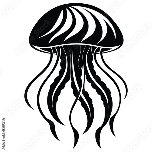 Striking monochrome jellyfish floats gracefully, its tentacle silhouette creating a mesmerizing oceanthemed effect
