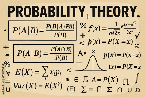 A fun and compact cheat sheet covering the basics of probability theory (Bayes, normal distribution, expectation, variance).