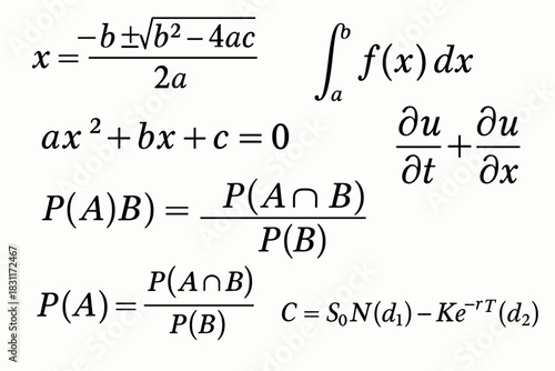 Cheat sheet on algebra, integrals, calculus, probability theory, and financial mathematics.