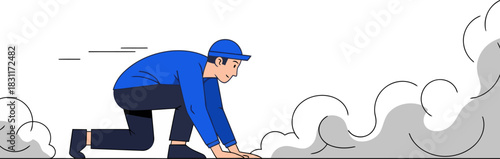 A worker crawls under smoke, conveying urgency and risk. Bold blue figure against a hazy background. Dynamic and impactful visual.