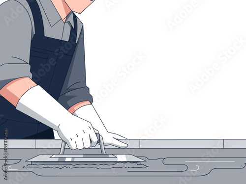 A male worker meticulously sands a surface with a power sander, wearing gloves and focused on the task. Clean, modern workspace. High-quality image.