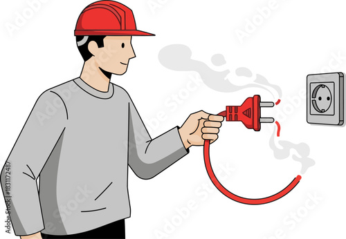 A worker disconnects a plug from an outlet, prioritizing safety. Illustration style, clear composition, emphasizes electrical safety. Modern, minimalist design.