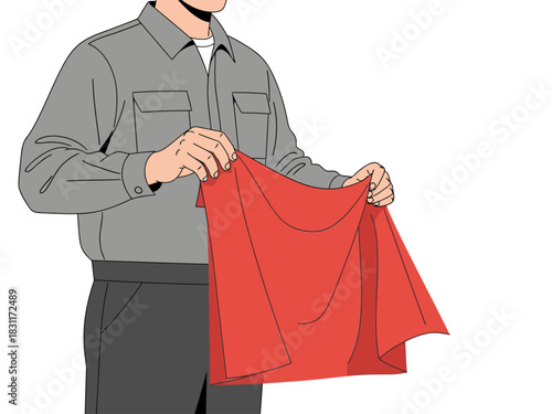 A male worker demonstrates using a fire blanket. Clear, instructional graphic. Bright red blanket highlighted. Professional setting.
