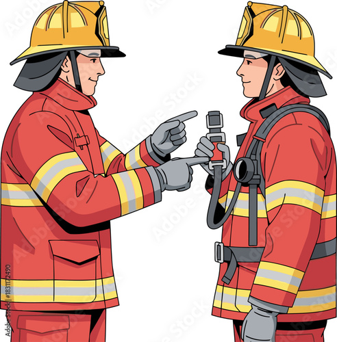 Two firefighters perform a buddy check, ensuring equipment readiness. Clear, bright illustration emphasizes safety and teamwork. Professional, instructional design.