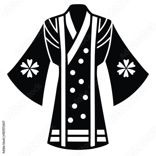 Monochromatic rendering presents a detailed rendering of a Japanese traditional kimono with cherry blossom on sleeves