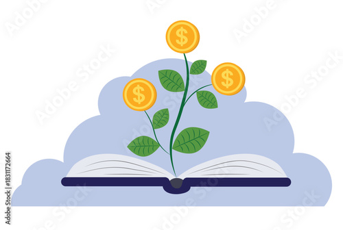 Financial literacy money knowledge for prosperity, savings and investment, book with financial plant with golden coins