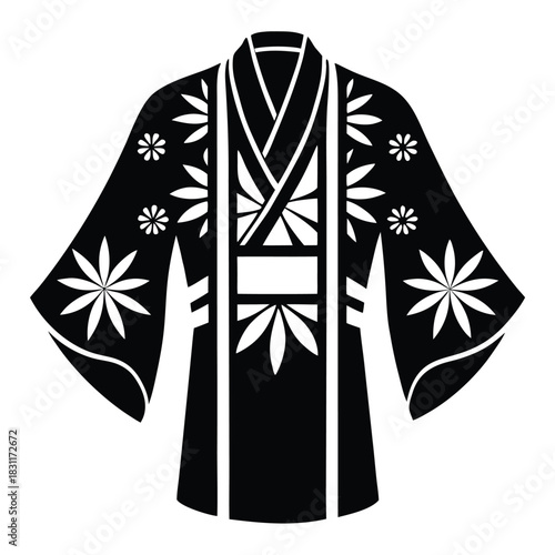 Stylized black kimono with white floral pattern presents a traditional Japanese garment silhouette