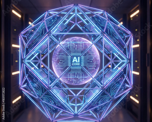 Artificial intelligence core with glowing digital circuit sphere inside futuristic geometric frame, technology concept with neon light and data center background