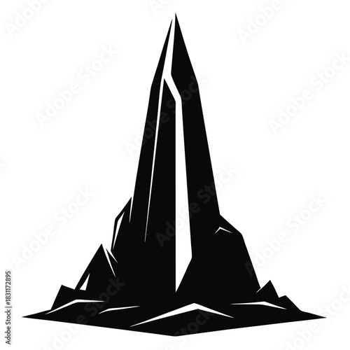 A bold black silhouette reveals a formidable mountain peak and rugged terrain perfectly