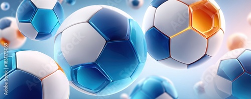 3D rendering of white soccer balls with hexagonal panels and glowing blue and orange accents