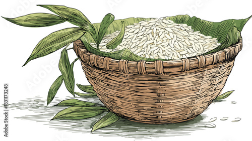 Rice basket with green leaf vector drawing for culinary design and food concepts