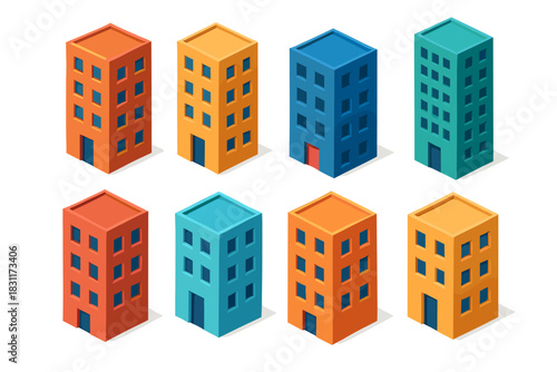 Isometric colorful buildings set for design projects and urban concepts