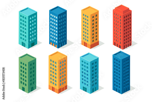 Colorful isometric building design for urban architecture projects