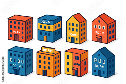 Colorful dormitory building icons for urban design and education concepts
