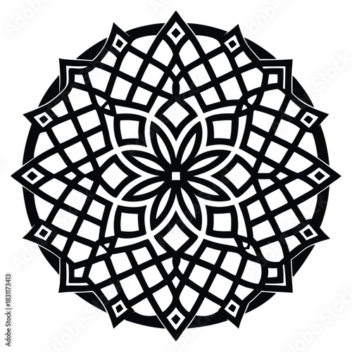 Complex symmetrical lattice pattern creates a striking monochrome mandalalike design, blending geometric and organic shapes perfectly