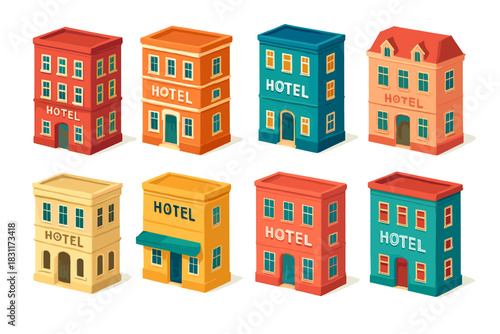 Colorful vintage hotel building collection for creative design projects