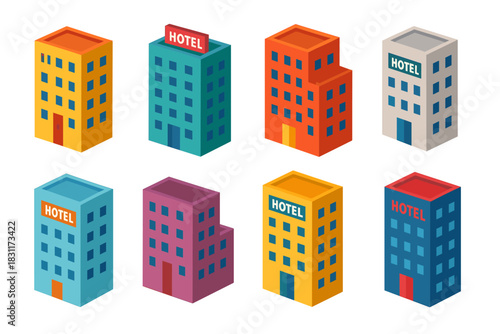 Colorful isometric hotel buildings set for design projects