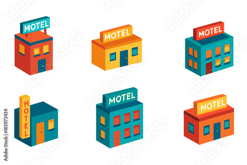 Retro motel building icons set for design and branding projects