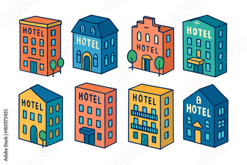Colorful hotel building set for travel and urban design concepts