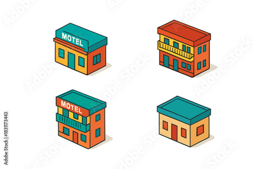 Isometric motel and building icons set for urban design projects