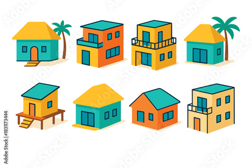 Tropical style colorful houses illustration for design projects and decor